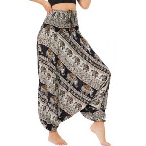 Nuofengkudu Femme Hippie Sarouel Combinaison Pantalon Bretelles Jumpsuit Taille Haute Large Boheme Fleuri Imprimé Leger Grande Thai Yoga Pants Homewear Coloré Ete Plage B Éléphant Noir (better Life, neuf)