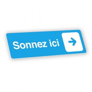 Plaque signalétique gravée autocollante Sonnez ici flèche droite - bleu clair - format 12x3,7 cm (my-goodprice, neuf)