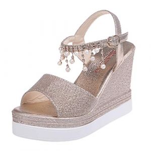 Generico Espadrilles Femmes Compensées Mules Plateau Platform Chaussures D'été Espadrilles Boucle Réglable Cheville Sangle Élégant Antidérapant Sandales Bohème Femme Casual Sandales D'été Lacets, or (Geyunxue, neuf)