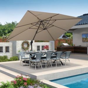 PURPLE LEAF Parasol de Jardin Extérieur 3 x 4 m avec Manivelle, Parasol Déporté Rectangulaire avec 8 Baleines en Aluminium Toile 240/GSM avec Protection UV, Réglable en Inclinaison, Taupe (PurpleLeafGarden, neuf)