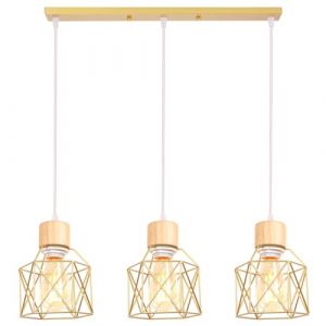 iDEGU 3 Lampes Suspension Luminaire Vintage Lustre Industriel en Bois M&eacute;tal R&eacute;tro Plafonnier Abat-Jour Design Cage E27 &Eacute;clairage de Plafond pour Salon Chambre Cuisine (Dor&eacute;, Bois, Barre) (IDEGU, neuf)
