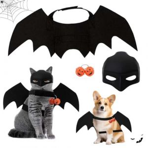 Costume de Chauve Souris Chien, 3 pièces Ailes de Chauve Souris pour Chat & Chien + Masque de Batman pour Animal + Clochettes, Déguisement pour Cosplay et Fête d'halloween (IIII-EU, neuf)
