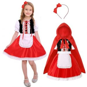 XLZJYIJ Deguisement Petit Chaperon Rouge Enfant, Deguisement Petit Chaperon Rouge Fille avec Bandeau, Sac citrouille, Cape &agrave; Capuche, Tablier pour Halloween Fantaisie Robe F&ecirc;te Cosplay (RJDJ LT, neuf)