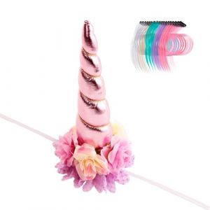 Nishine Serre-t&ecirc;te en corne de licorne florale de 20,3 x 12,7 cm de long + 18 guirlandes en cheveux de crini&egrave;re de poney pour faire de votre cheval une licorne, Halloween, d&eacute;coration de f&ecirc;te de (Nixun E-Commerce Co., Ltd, neuf)