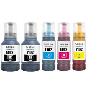 SHUOLEI 102 Encre Compatible avec Epson 102 Bouteille d'encre Multipack pour ET-2700 ET-2750 ET-2751 ET-2756 ET-2850 ET-2856 ET-3700 ET-3750 ET-4750 ET-4850 ET-4856 ET-15000 (5-Pack, 2BK C M Y) (SGLL Print, neuf)