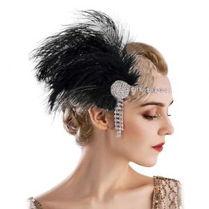 Bandeau Gatsby Femme Annee 20, Feather Plume pour Cheveux Strass Gatsby Femme Vintage 1920s Bandeau de Plumes Carnaval Ann&eacute;es 1920 Femmes V&ecirc;tements Accessoires de Soir&eacute;e (Noir, 26cm) (AffeGifts FR, neuf)