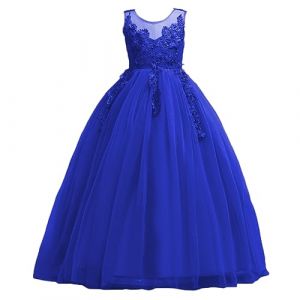 DISSA Robe pour Filles Princesse Bleu sans Manche Robes de Bal Tulle Robe de Soir&eacute;e de Mariage Enfants Dentelle 13-14 Ans,D832 (Fivebee Fashion, neuf)