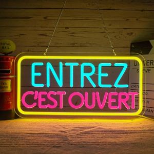 Flixyticy Enseigne Lumineuse N&eacute;on "ENTREZ C'EST OUVERT", Plaque de Porte LED avec Interrupteur &agrave; Intensit&eacute; Variable Pour les Portes et Fen&ecirc;tres en Verre des Magasins (ENTREZ C'EST OUVERT) (xinxiangshigejiushangmaoyouxiangongsi, neuf)