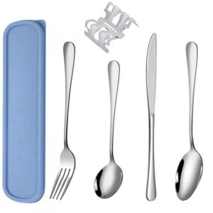 4 Pi&egrave;ces Couverts de Camping Ensemble Couteau, Fourchette, Cuill&egrave;re en Acier Inoxydable, L&eacute;ger & Portable avec &Eacute;tui, Id&eacute;al pour Voyage, Randonn&eacute;e, Pique-Nique (Bleu) (Hunanjianan, neuf)