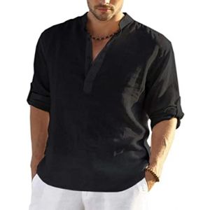 PADOLA Chemise Homme Chemise Lin Homme Col Mao Chemise Manches Longues Uni Henley Shirts Chemise en Lin été Grande Taille Chemise de Plage Classique Casual Décontractée (L, 4 Noir) (Chaos World Apparel, neuf)