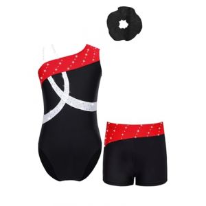 Oyolan Enfant Fille Justaucorps Gymnastique Strass avec Short Danse Gym Patinage Costume Spectacle Entraînement 5-16 Ans F Noir rouge 11-12 ans (Oyolan EU, neuf)