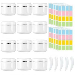 Vueinrg 12 Pcs 50ml Petit Pots Vide Cosm&eacute;tiques, Contenant Cosmetique Vide Pot Voyage Plastique, Pots &agrave; Cr&egrave;me Vides avec Spatule et &Eacute;tiquette pour Cr&egrave;me Maquillage &Eacute;chantillons Lotion (Blanc) (YIDEGUANG, neuf)