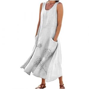 AEGJEGVD Soldes Robe Longue en Lin Femme &Eacute;t&eacute; Robes D&eacute;contract&eacute; Couleur Unie Robes Chic et Elegant Col V Robe Tunique Femmes Boheme Jupe Dress de Plage Linen Dresses d'&eacute;t&eacute; Mi-Longue Dress Pas Cher (⭐⭐⭐⭐⭐AEGJEGVD⭐⭐⭐⭐⭐, neuf)