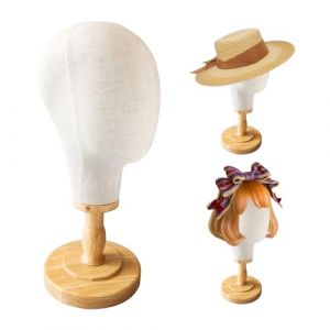TINGSING Support pour t&ecirc;te de perruque 53,3 cm, toile d&ocirc;me + support en bois amovible, support de t&ecirc;te de mannequin en toile, support de perruque en lin, porte-chapeaux en tissu, beige (TINGSING EUR Direct, neuf)