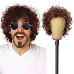 UILYNIU Perruque Hommes et Moustache Brun et Lunettes de Soleil, Boucles Perruque Afro Deguisement Hippie Homme Perruque, Rock Perruque Homme pour 60's 70's 80's Hippie Halloween Costume (Brun) (XIMO EU, neuf)