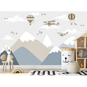 Papier peint photo – Montagnes et avions – Papier peint photo pour chambre d'enfant – Décoration murale (366 x 254 cm) – Poster géant en papier – Colle gratuite pour chambre de garçon (haiyongshangmao, neuf)