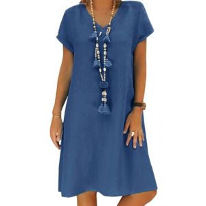 Robe d’été décontractée en lin avec col en V et manches courtes pour femme, coupe trapèze, robe tunique sans accessoires, a blei, M (xitai store, neuf)