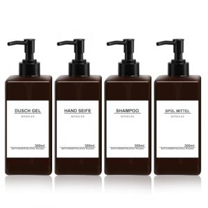 Distributeur de Savon Liquide Brun 300ml 4Pi&egrave;ces Distributeur de Savon Salle de Bain en Plastique Distributeur de Gel Douche Rechargeable pour Lotion Shampooing Douche, avec Entonnoir, &eacute;tiquette (Roselee Direct, neuf)