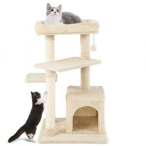 COSTWAY Petit Arbre à Chat 85 cm, Arbre a Chat Bois à 4 Niveaux, 3 Poteaux à Griffer en Sisal, 3 Plateformes, Condo, Tour pour Chaton Interieur, Pompon, 63 x 56,5 x 85 cm (Beige) (FDS GmbH, neuf)