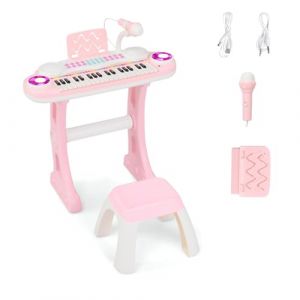 GOPLUS Clavier de Piano à 37 Touches pour Enfant, Piano Numérique Enfant avec Tabouret, Microphone, 8 Sons, Pupitre, Lumières, Jouet Piano Électronique pour Garçon Fille (Rose) (Augenstern24, neuf)