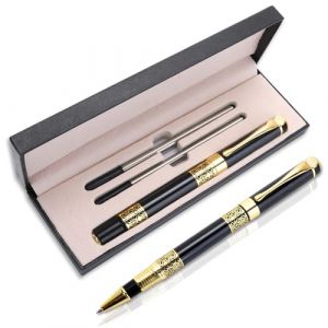 Amaxiu Stylo à bille de luxe en métal de 1 mm avec coffret cadeau et 2 recharges d'encre noire à pointe moyenne, stylo à bille fantaisie pour homme et femme, signature (noir) (Animeu, neuf)