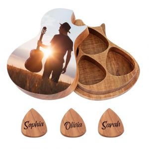 Personnalis&eacute; Etui &agrave; plectres de guitare avec photo - Etui &agrave; plectres de guitare en bois personnalis&eacute; avec 3 plectres Cadeaux pour Elle Lui Ami Anniversaire No&euml;l Saint-Valentin (YUJIANSHULIU, neuf)