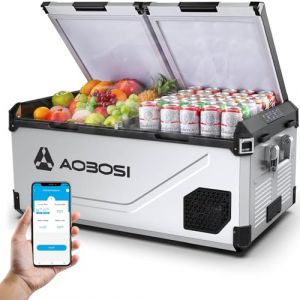 AAOBOSI Glaci&egrave;re &agrave; Compression 75L Double Zone，Minimum -20 &deg;C，Bo&icirc;tier Inox & Int&eacute;rieur Aluminium Gaufr&eacute;，12/24V & 100-240V，Glaciere Electrique Contr&ocirc;le APP pour Voiture，Camping-Car，Bateau，Road Trip (TopCooler Store, neuf)