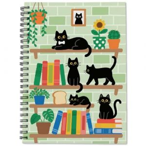 PRESSINART Cahier Spirale Chat Journal Animal 8 x 6 pouces Chat Noir sur &Eacute;tag&egrave;re 80 Pages Format A5 Lign&eacute; Universit&eacute; Cahier Spirale avec Poche Bloc-notes Mignon Fournitures Bureau &Eacute;tude Papeterie pour (PRESSINART FR, neuf)