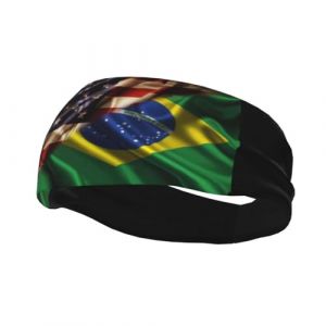 Bandeaux combin&eacute;s drapeau du Br&eacute;sil et des &Eacute;tats-Unis - Bandeau anti-transpiration pour femme et homme - Bande &eacute;lastique de yoga large pour le sport, le fitness, noir (FAForever, neuf)