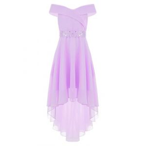 Freebily Enfant Robe De Mariage Hors Épaules Ouverte Fille Robe de Cérémonie Ceinture Strass Asymétrique Robes de Soirée Fête Anniversaire Bal Lavande 7-8 Ans (MissPretty, neuf)