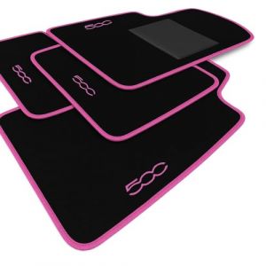 Tapis de voiture pour 500 à partir de 2010 | Kit complet 4 tapis de voiture brodés bord rose fuchsia couture rose | moquette haute qualité | fond antidérapant | talonnette PVC | longue durée (Vibe Pushers, neuf)