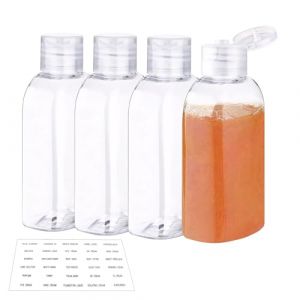 Flacon Voyage 3.4oz/100ml, Plastique Transparent Kit Voyage Avion avec étiquette,Flacon avec Flip Cap Vide Set,pour Cosmétiques, Lotion, Shampoing, Gel Douche (4 Pièces) (Marjoramy, neuf)