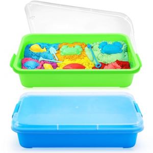 QGGTQG Bac &agrave; Sable avec Couvercle Sensory Bin en Plastique Bac Sensoriel Enfant pour Enfants Plateau d'Activit&eacute; en Plastique pour Eau, Sable, Perles Et Plus Encore - Vert et Bleu (楼台, neuf)