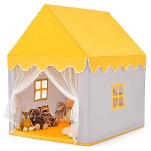 COSTWAY Tente de Jeux Enfant Intérieur Extérieur avec Tapis Antidérapant, Maison de Jeu en Château de Style Princesse en Coton, Cadre en Bois, 120 x 105 x 140 cm, Cadeau pour 4 Garçons et Filles (FDS GmbH, neuf)