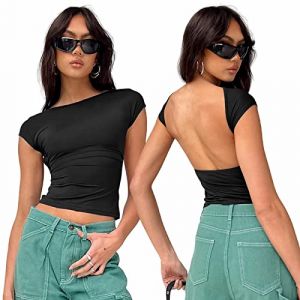 Arkim Top Dos Nu Femme Y2K Backless Top T-Shirts, Sexy Haut Dos Nu Femme Ete, Skims Top Dupes,Top Court Style R&eacute;versible (as4, Alpha, l, Regular, Regular, Noir) (IRELIA-1, neuf)
