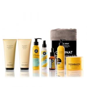 COCUNAT - Routine Boucles D&eacute;finies - Shampooing, Apr&egrave;s-shampoing, S&eacute;rum, Spray, Leave-in, Booster, Masque - Hydratation, D&eacute;finition et Anti-Frisottis - Avec Turban Inclus (COCUNAT, neuf)