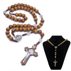 YUVKIN Collier Chapelet Catholique en Bois Naturel avec Croix et M&eacute;daille de J&eacute;sus-Christ et Saint Beno&icirc;t, Pri&egrave;res, Communion, Bapt&ecirc;me, Messe, Bible, Accessoire Religieux pour Chr&eacute;tiens Catholiques (HerEdit, neuf)