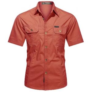 PADOLA Chemise Homme Manches Courtes Boutonnée Coton Chemisette Slim Fit Chemise Cowboy Cargo Chemises de Travail été Unie Chemisier de Plage Safari Militaire Tactique Shirt (Rouge, 2XL) (Chaos World Apparel, neuf)