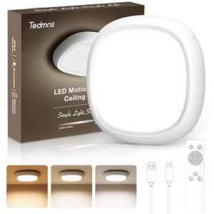 Plafonnier LED Sans Fil Rechargeable USB, 550LM 12000mAh IP54 Etanche Luminaire Plafonnier a Pile avec Detecteur Mouvement Lampe Plafond Batterie Télécommande Lumiere Capteur Interieur Garage Douche (Tedmos-FR, neuf)