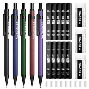 Four Candies Parure de porte-mines 0.5mm avec étui - 5 porte-mines en métal, 10 tubes de mines HB #2, 3 gommes 4B et 9 gommes de rechange, fournitures scolaires pour les étudiants en écriture (Four Candies, neuf)
