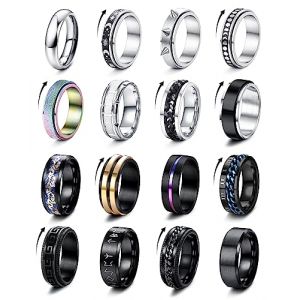 FIOROYAL 16 Pcs Bague Homme Acier Inoxydable Noir Torsad&eacute;e Cool Cha&icirc;ne Tournante Celtique Dragon Band Anneau Anti Stress Fiancaille Promise Bague pour Homme Taille 54-70 v11 (Onimoy Store, neuf)
