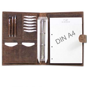 ALMADIH conférencier format A4 en cuir vachette avec classeur anneaux amovible et bloc-notes inclus, marron vintage - Agenda personnel d’affaires Organiseur Portefolio Porte documents Agenda personnel Timer Chemise de dossier Porte Documents Carnet Organi
