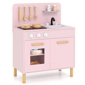 COSTWAY Cuisine Enfant en Bois avec Lumi&egrave;re & Son & 10 Accessoires, Jeu de Cuisine Enfant avec &Eacute;vier Amovible & Po&ecirc;les Double, Espace de Rangement, Jeu de R&ocirc;le pour Enfant de 3 Ans+ (Rose) (FDS GmbH, neuf)