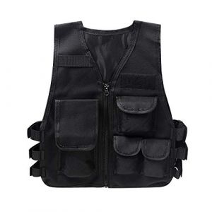 Oyolan Gilet de Pêche pour Enfant Garçon Fille Gilet Photographe Multipoches Camouflage Veste sans Manches Manteau Réglable Jeux Extérieurs de Chasse de Combat Camping Noir 8-14 Ans (Gudingdang, neuf)