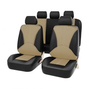 JNNJ 9 Pièces Housse de siège Voiture Cuir, Housse Cuir Imperméable Respirant, Housse Siège Voiture Cuir, Complet Protecteurs Sièges Auto, Auto Housses Siège Avant Arrière Poussière(Beige Noir) (KJHmaoyi, neuf)