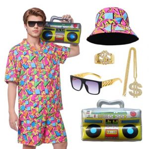 Antsparty Déguisement Année 80 Homme Femme, Costume Annee 80 Rétro Manches Courtes et Shorts avec Le Chapeau Accessoires Disco, Costume Années 80 Survêtement Carnaval Disco Soirée (FaceLove, neuf)
