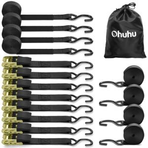 Sangle à cliquet 8 pièces, Ohuhu 680kg 4,6m Sangles de Serrage à cliquet Sangle d'arrimage avec tendeur à cliquet pour Le Transport Quotidien et Le Regroupement de Marchandises, Noir (TSMART, neuf)