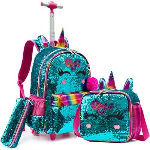 Egchescebo Sac à Dos a Roulette Pour Enfant Fille D'école Licorne Scolaires Cartables et Trousses Grande Capacité avec Cartable Ecole Primaire Chariot pour Cartable de Voyage Valise 17” Vert (Egchescebo EUR, neuf)