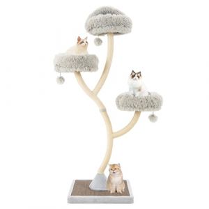 GOPLUS Arbre a Chat Moderne Hauteur 178 CM, Design Incurvé, Arbre à Chat avec Griffoirs et Planche en Sisal, 3 Perchoirs Chauds à 3 Niveaux, 3 Balles, Cadre en Métal, Idéal pour d'Intérieur (Gris) (Augenstern24, neuf)