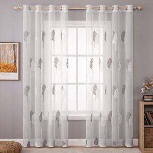 MIULEE Rideaux Voilage avec Beau Motif de Feuilles Gris et Blanc, Int&eacute;rieurs Rideau Voile Brod&eacute; a Oeillets Largeur 140 CM Hauteur 260, Transparent Voilage Fenetre Design Moderne pour Chambre Salon (MIULEE HOME, neuf)